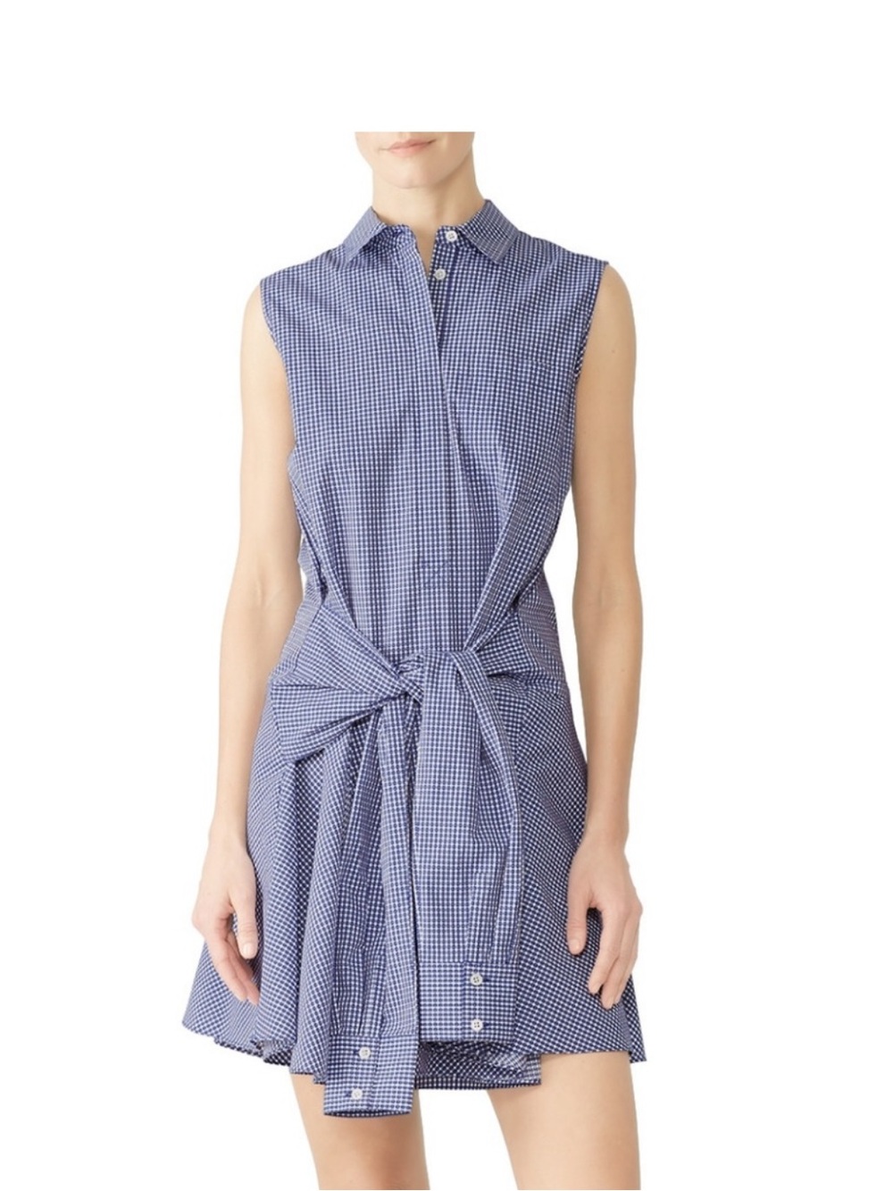 Derek Lam Blue Gingham Tie-Front Sleeveless Shirtdress medium
